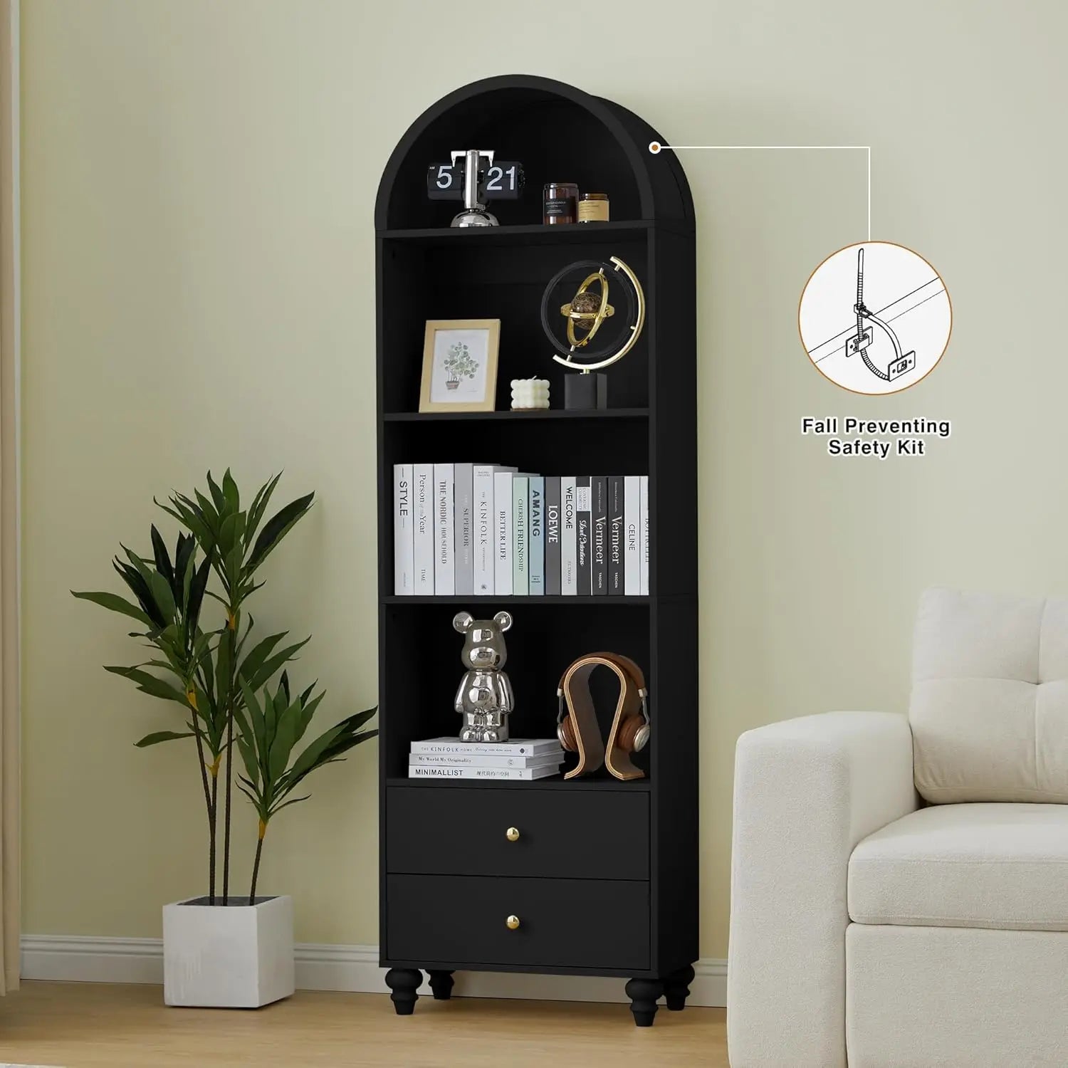 75.59’’ Tall Bookcase 4 Tier Arched Bookshelf with 2 Drawers Modern Book Display Storage Cabinet for Living Room Bedroom