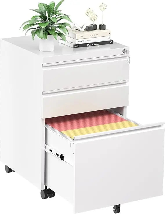 3 Drawer Filing Cabinet with Lock White Mobile File Cabinet with Wheels Rolling Small Metal Cabinets Under Desk