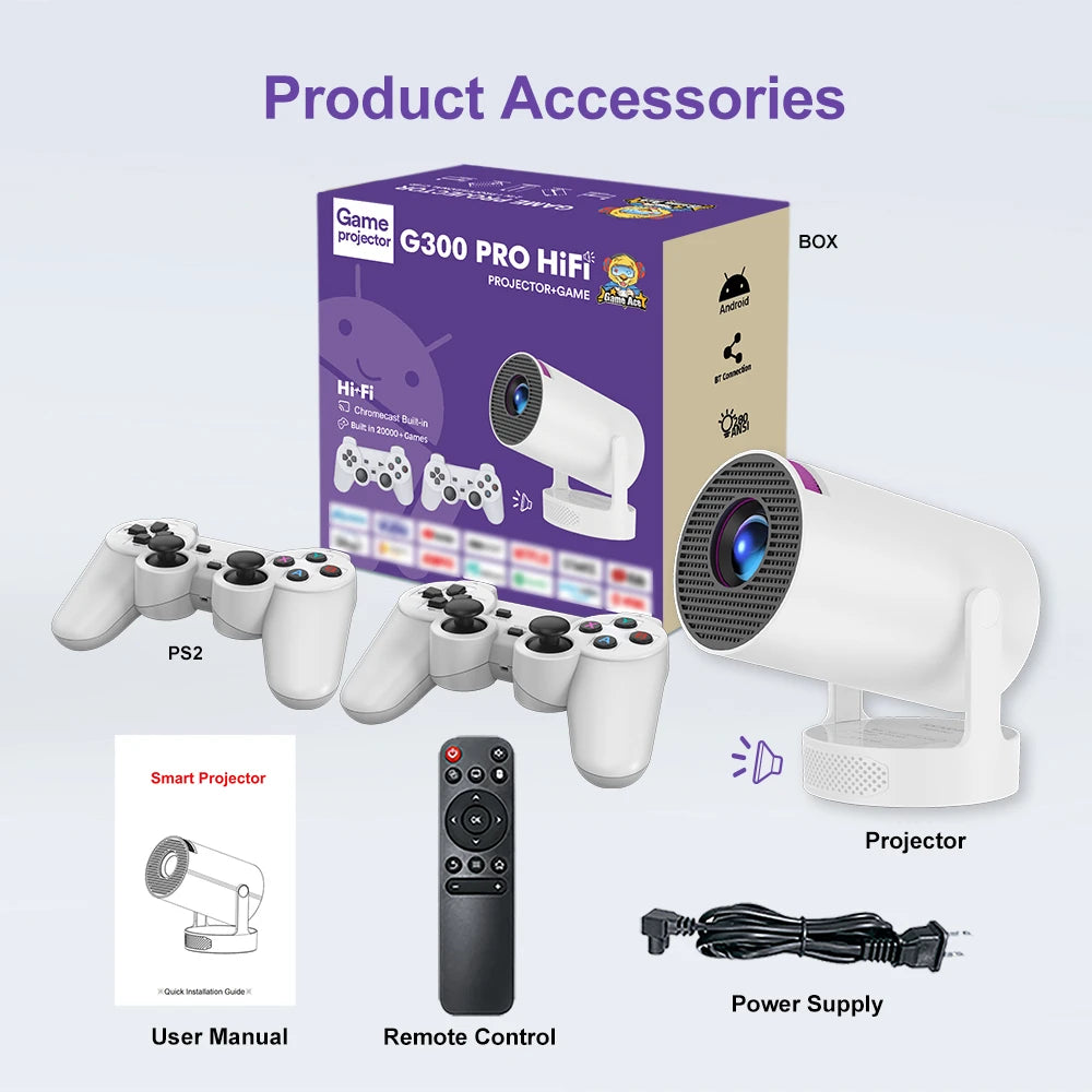 Velec Game Projector HY300 Pro HiFi 2IN1 Professional Chip Android Projector With 2 Wireless Game Controllers 20000+