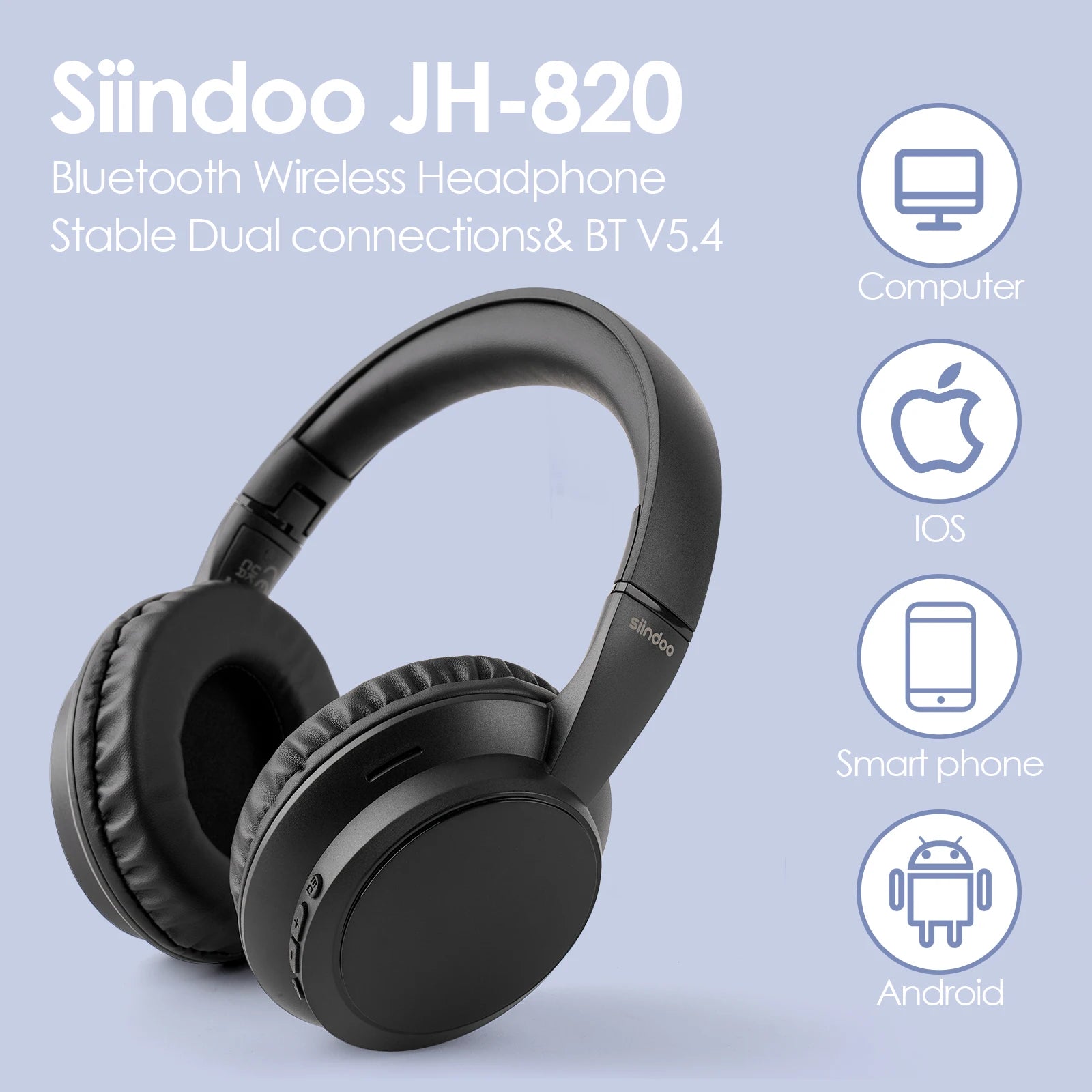 Siindoo JH-820 Wireless Bluetooth Headphones 60H Playtime,3 EQ Sound Modes,Foldable Lightweight Bluetooth 5.4