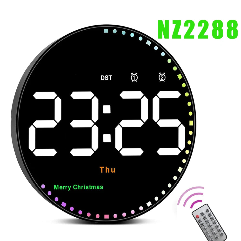 Remote Control LED Wall Clock with Dual Alarms,Calendar and Temperature Display for Home Decoration.Brightness