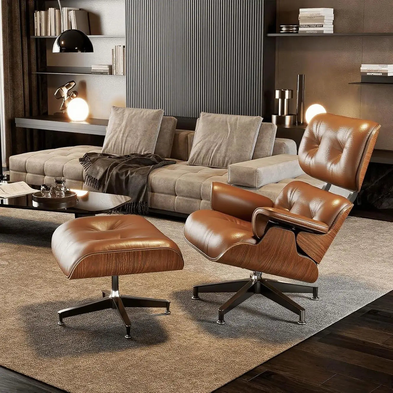 Mid Century Chaise Lounge Chair with Ottoman Top Black Grain Leather,Modern Office Chair Classic Design,Heavy Duty Base