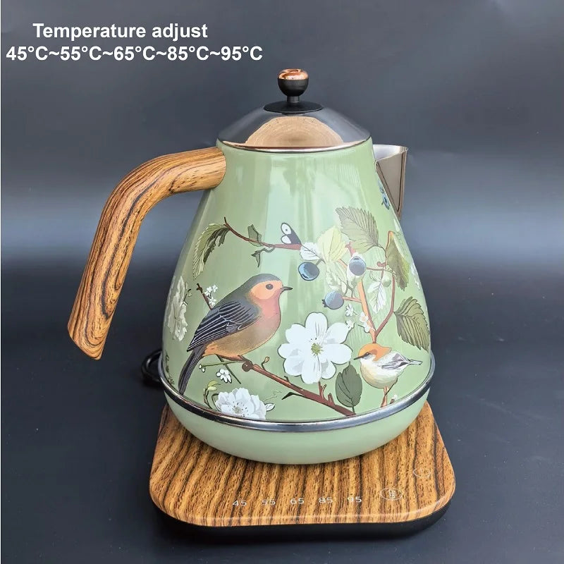 1.7L Retro Green Paint Decal Electric Kettle Wood Grain Handle 304 Stainless Steel Temperature Control Teapot Keep Warm