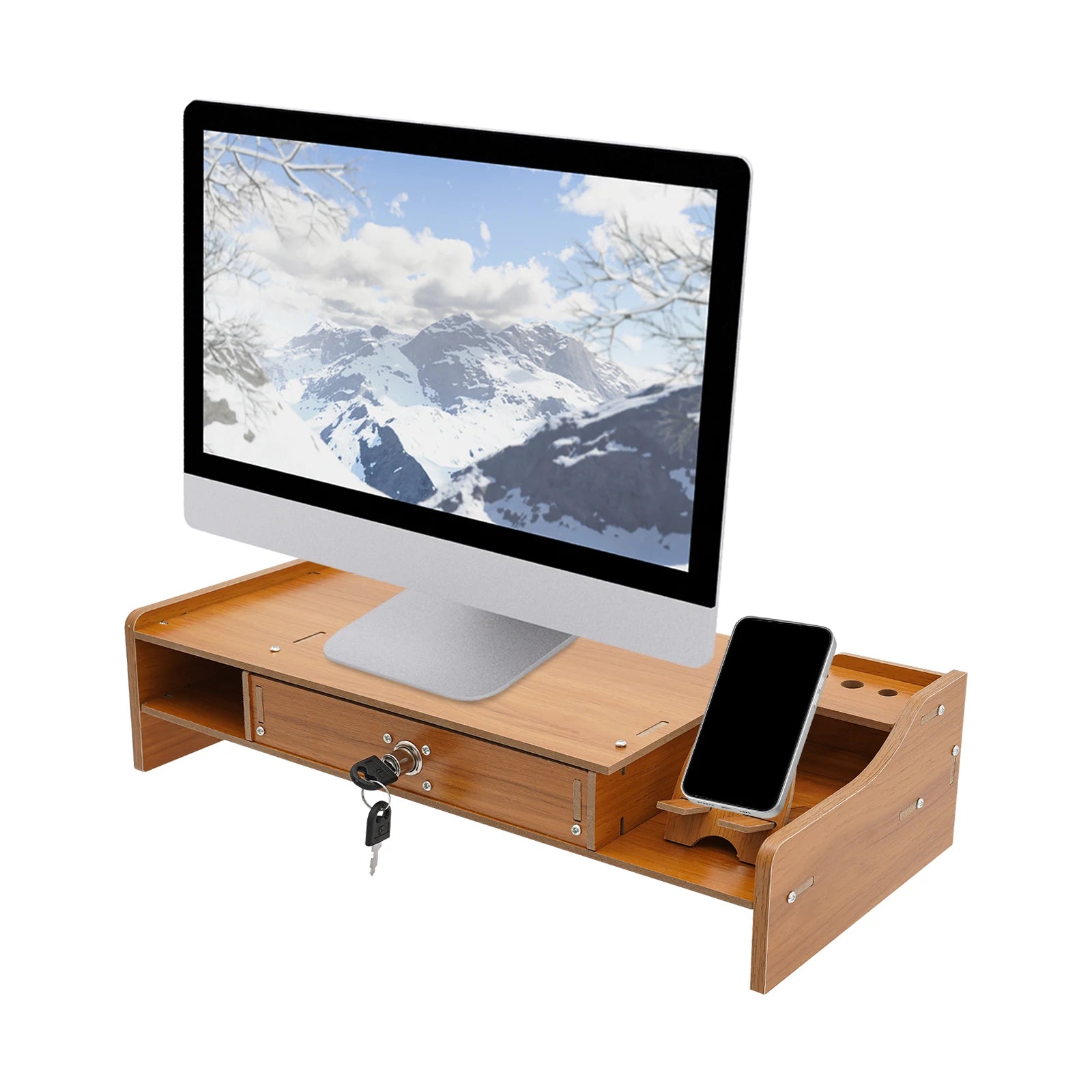 Wooden Monitor Riser Rack W Drawer Computer Laptop PC Stand Desk Organizer Desk Riser with 2 Compartments and Lockable
