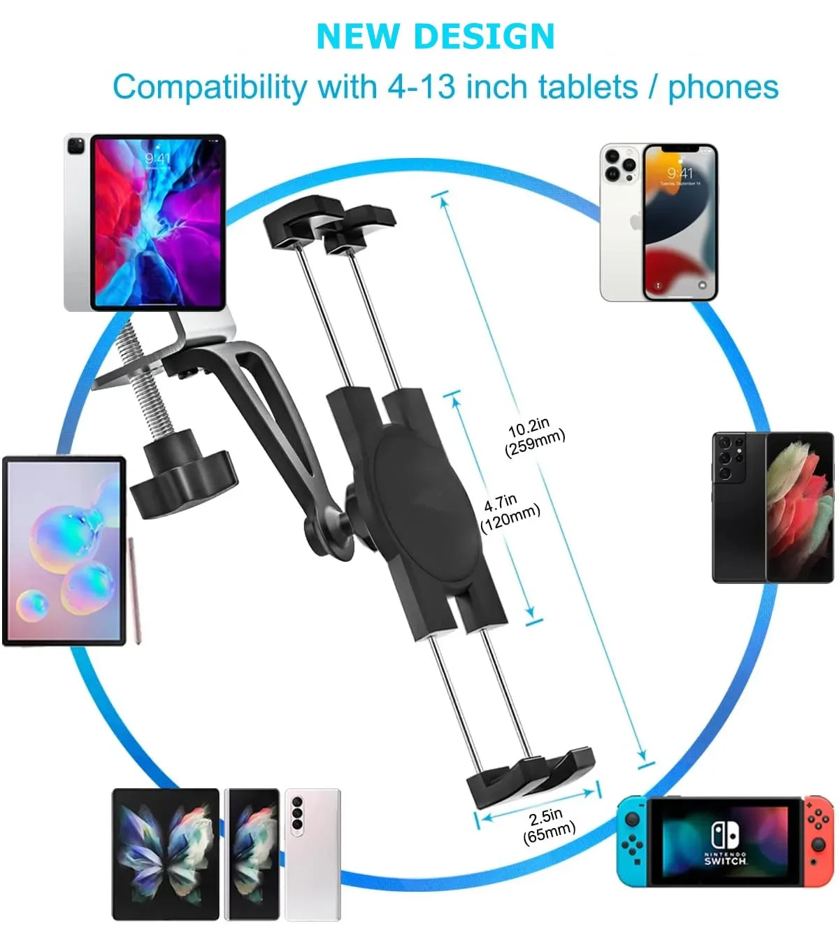 Kitchen Tablet Mount Aluminum Clamp 360° Rotation for 7-14.5 inches Clamp Tablets Phone Holder for iPad Xiaomi Samsung