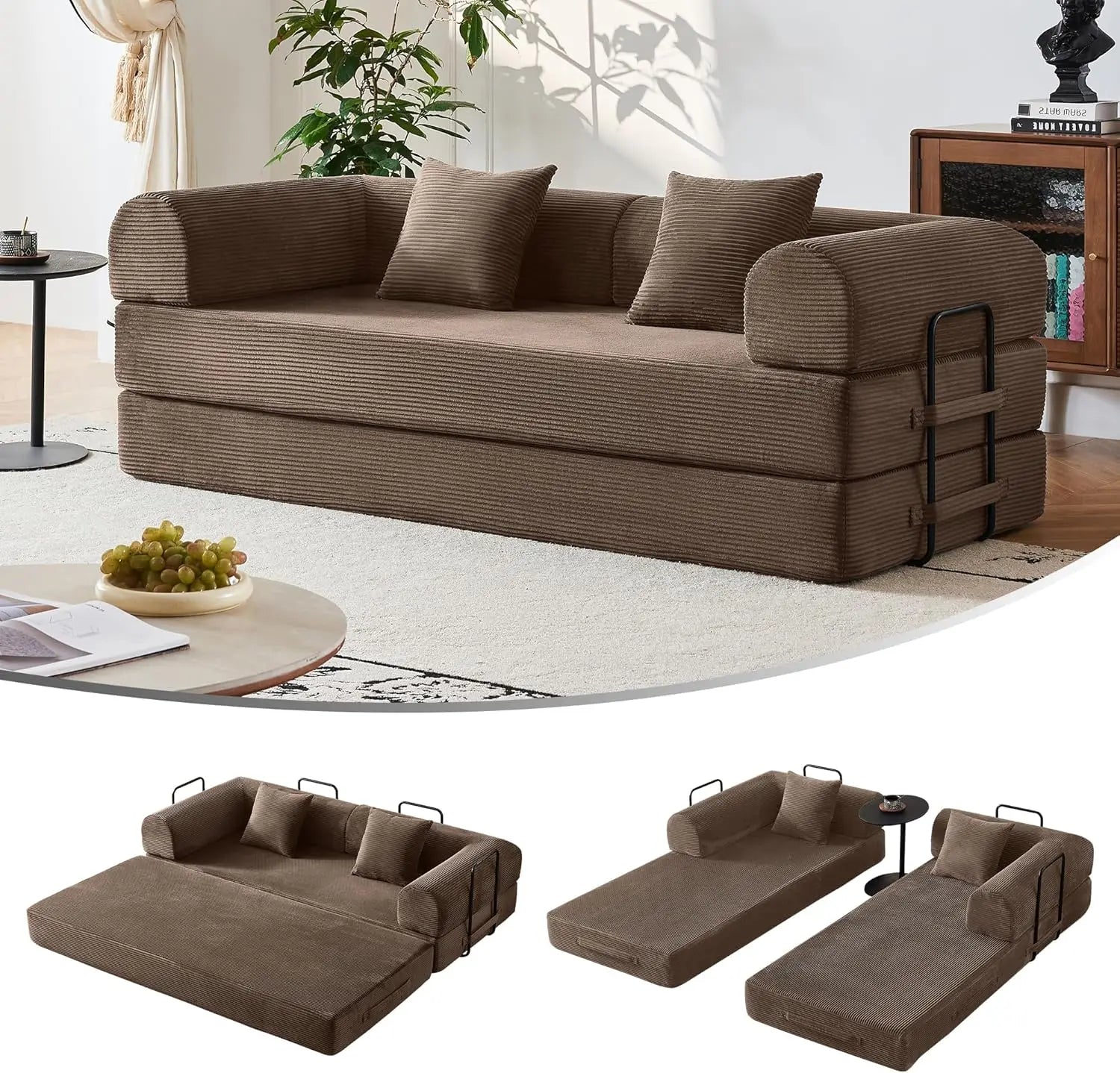79’’ Compression Sofa Convertible Sleeper Sofa Bed Couch Bed with Fixed-Shape Frame Corduroy Floor Sofa Couches