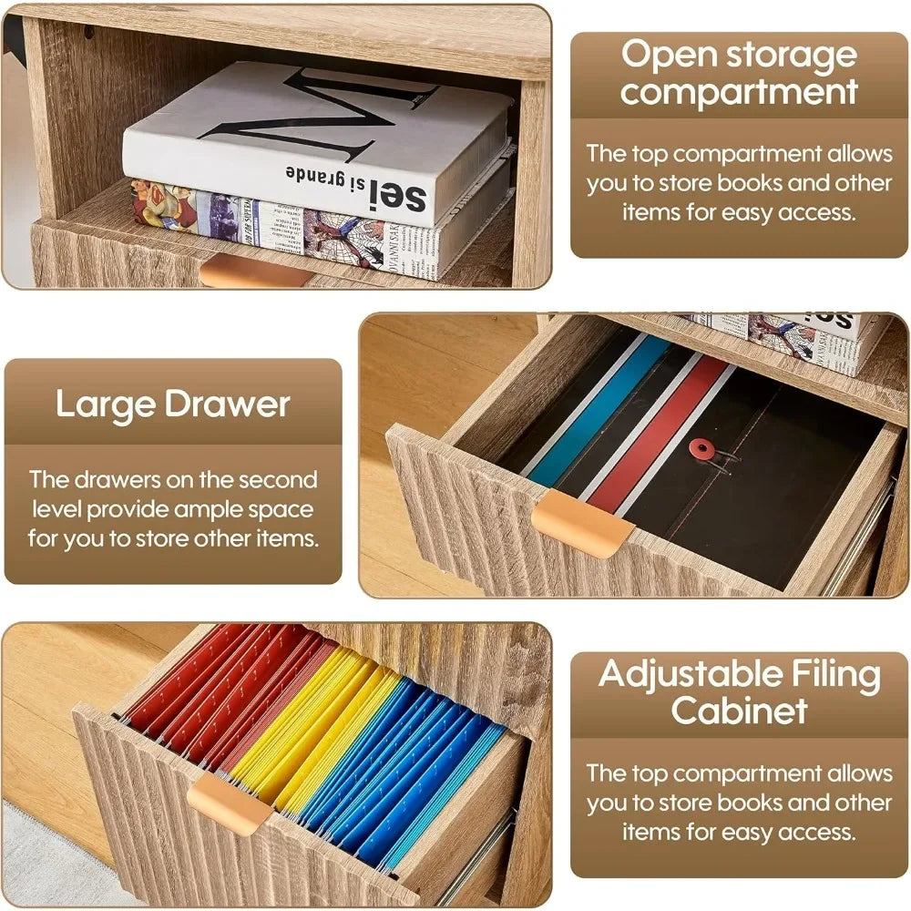 Modern Oak Computer Desk 55 Inch with Keyboard Tray And Power Outlets 2-in-1 Main Drawer with Adjustable File Drawer