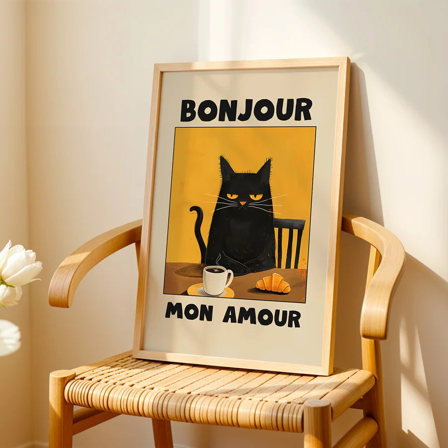 1 Piece Yellow - Good Dear Morning - Black Cat Print Cute Kitchen Wall Art Interesting French Cafe Canvas Poster Cat
