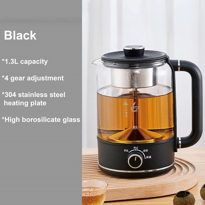 1.3L Tea Maker 4 Gear Black Tea Pu’er Glass SteamTeapot Automatic Keep Warm Electric Kettle Multifunction Home/Office