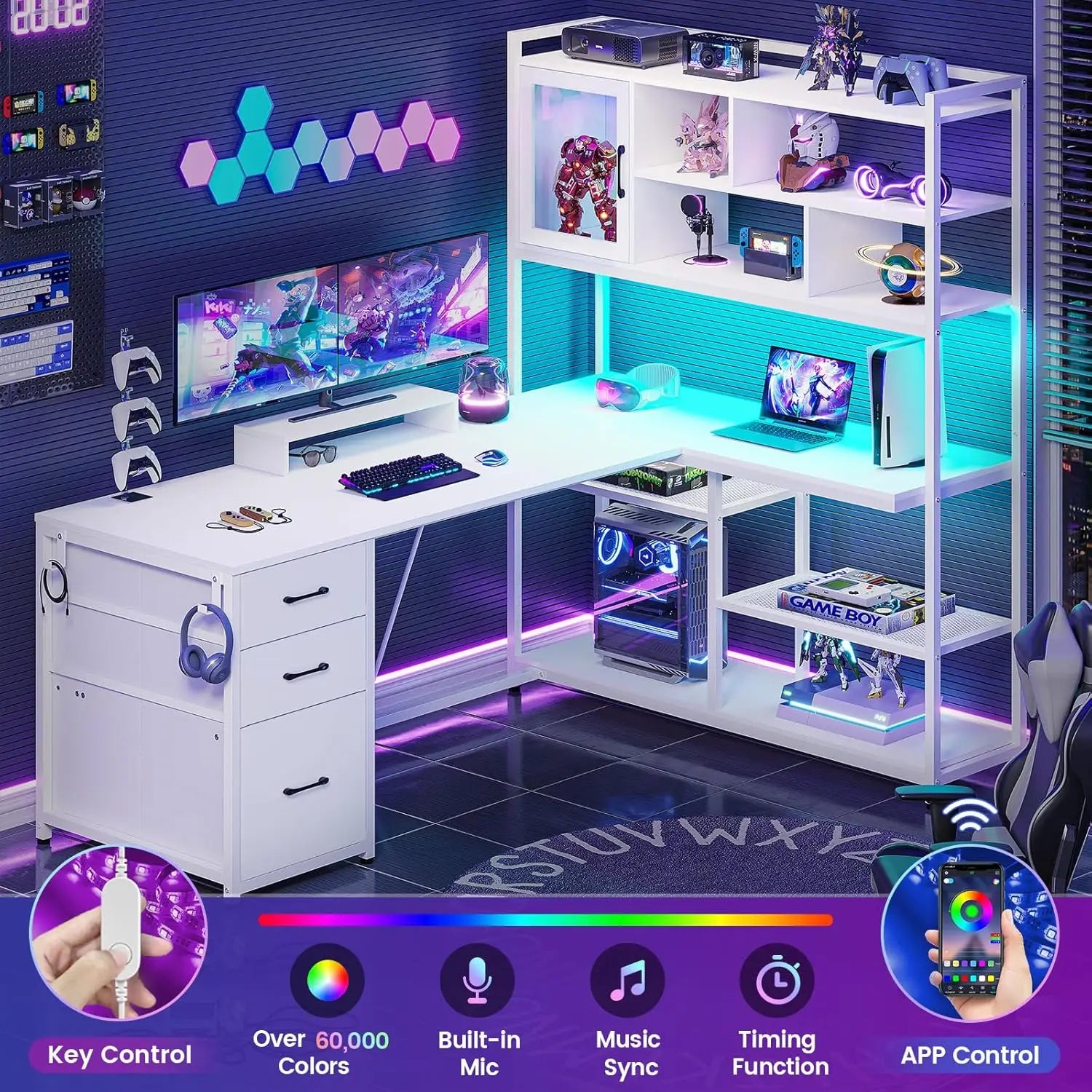 L Shaped Computer Desk 58’’ Office Desk with 3 Drawers and Bookshelf L Shaped Corner DeskGaming Desk L Desk White