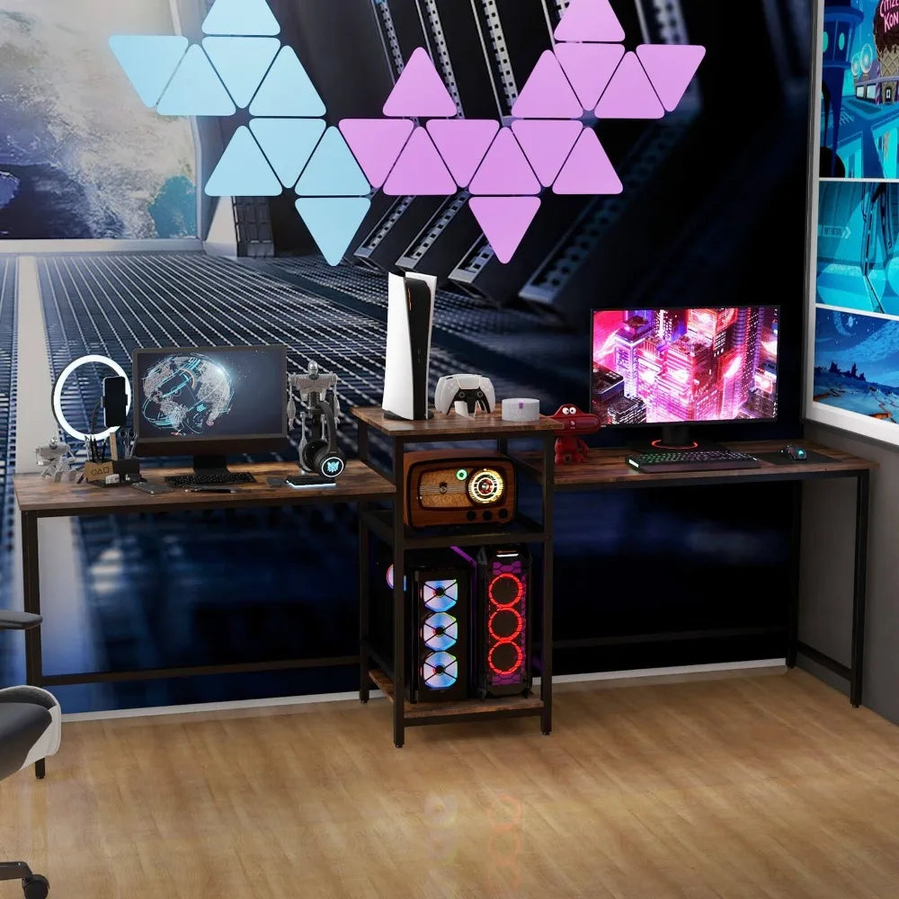 97 Inch Two Person Desk Double Computer Desk with Power Outlets Printer Stand - United States / Brown