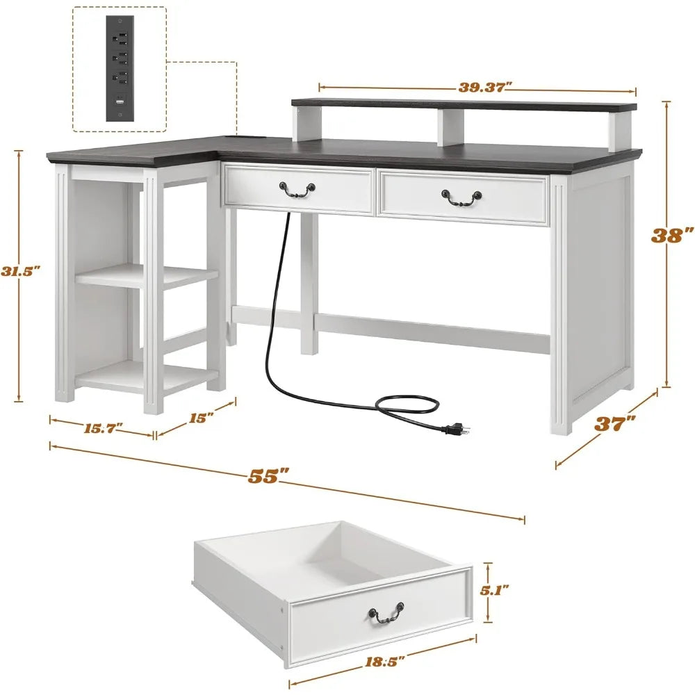55’’ L Shaped Farmhouse Desk with Drawers Sturdy & Durable Computer Desk with Power Outlets & LED Lights - Black white