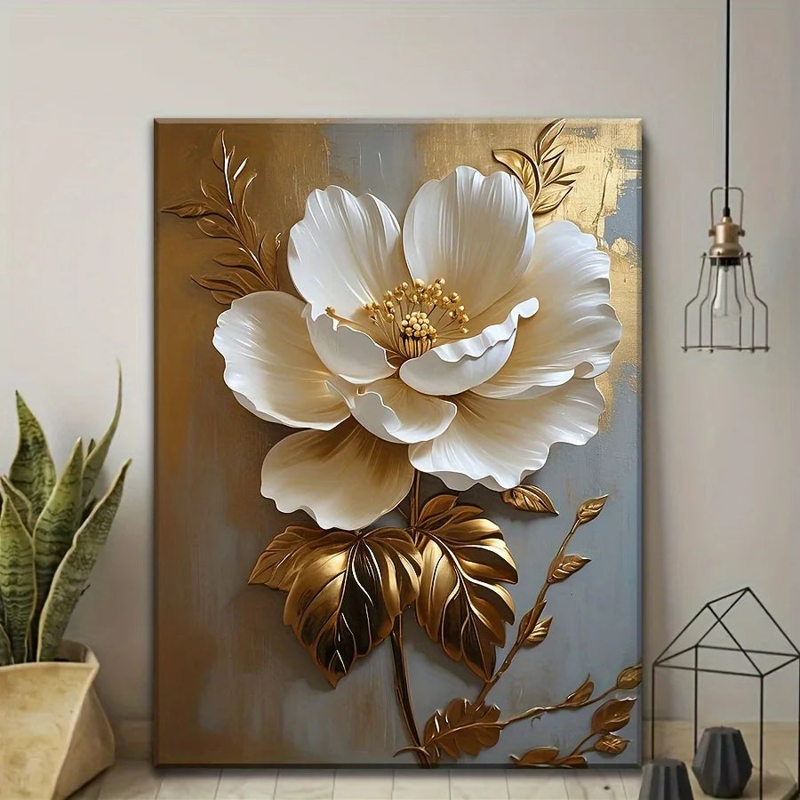 1PC Elegant White Floral Canvas Art Vintage Gold Flower Wall Decoration Living Room Bedroom Office Room Decoration