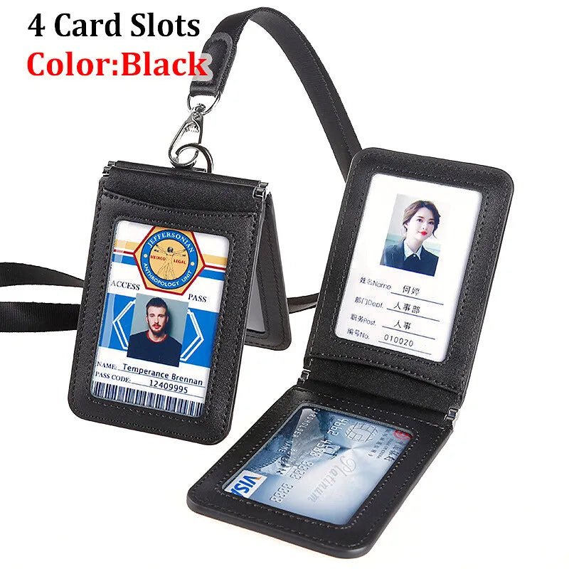 Top Grade Genuine Leather ID Badge Holder Business Cards Holders with Neck Lanyard Formal Staff Magnet Closed ID Card