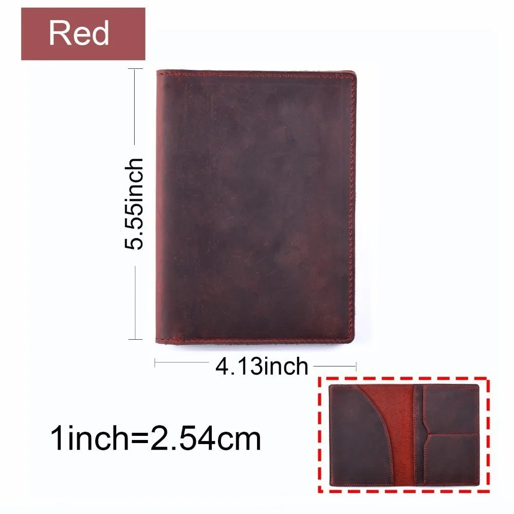 Genuine Crazy Horse Leather Passport Cover Solid Credit ID Card Case Holder Business Unisex Travel Wallet - Red
