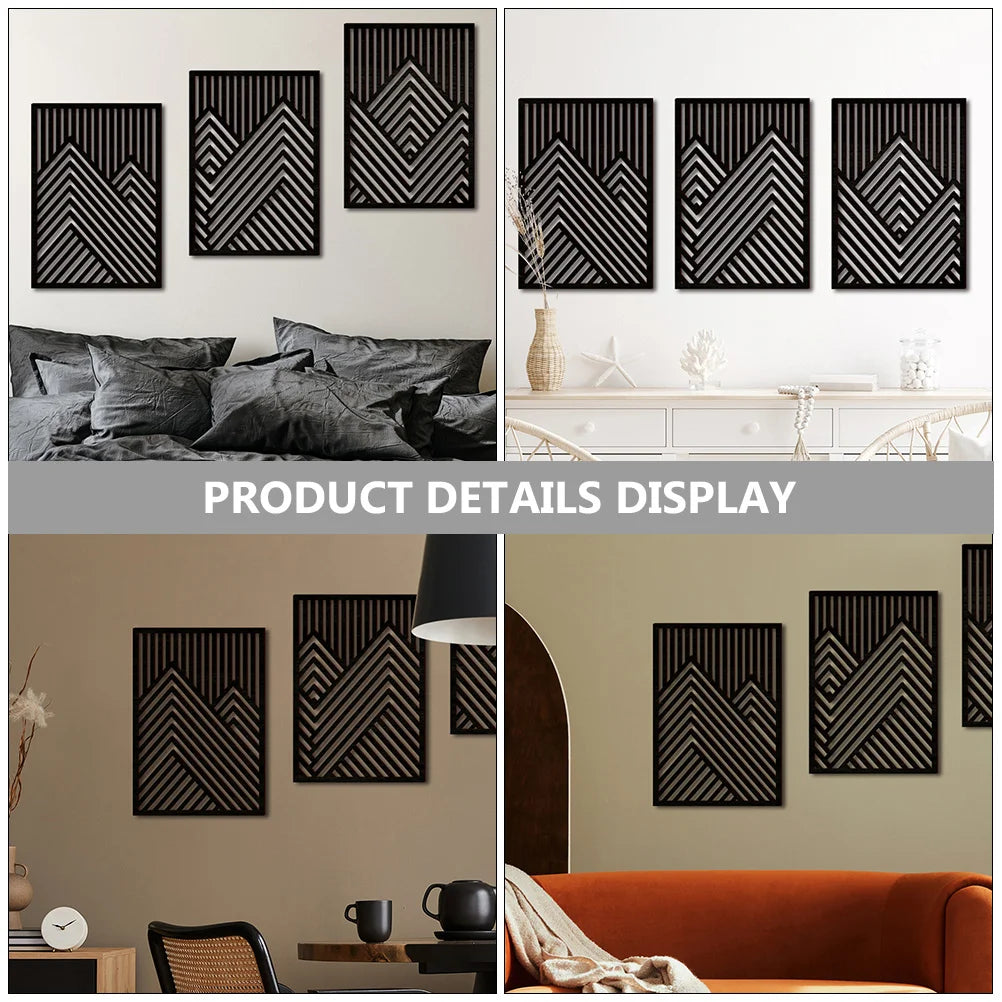 3Pcs Wall Panel Home Decoration Tray Bedroom Wooden Craft Hollowed Gift Office Rustic Hollow hill wall sticker