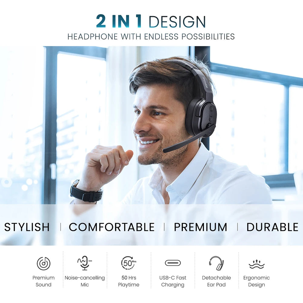 Mpow E65 2 in 1 Wireless Headphones Bluetooth 5.3 Dual/Single Office Headset with Microphone&Mute Switch 35H