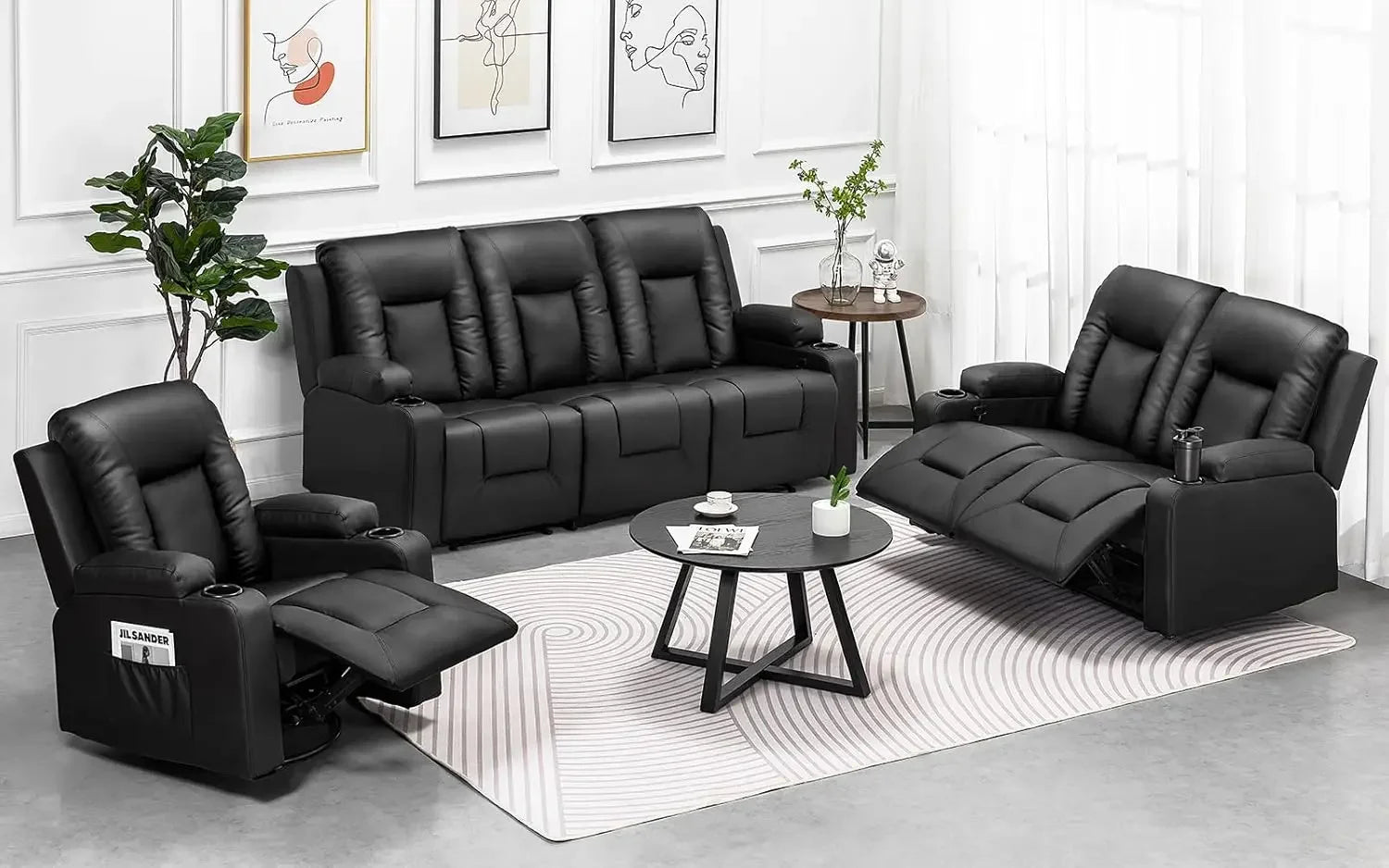 Hot salesRecliner Chair Set Leather Recliner Living Room Furniture Sets Recliner Sofa Loveseat (Black,Living Room Set 3