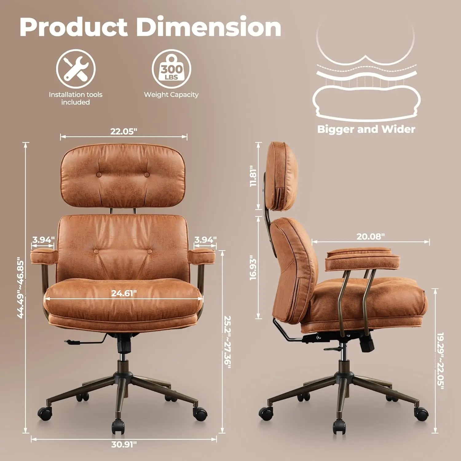 Office Chair Modern Leather with Lumbar Support High Back Swivel Rolling with Comfy Thick Cushion (Brown Suede Faux