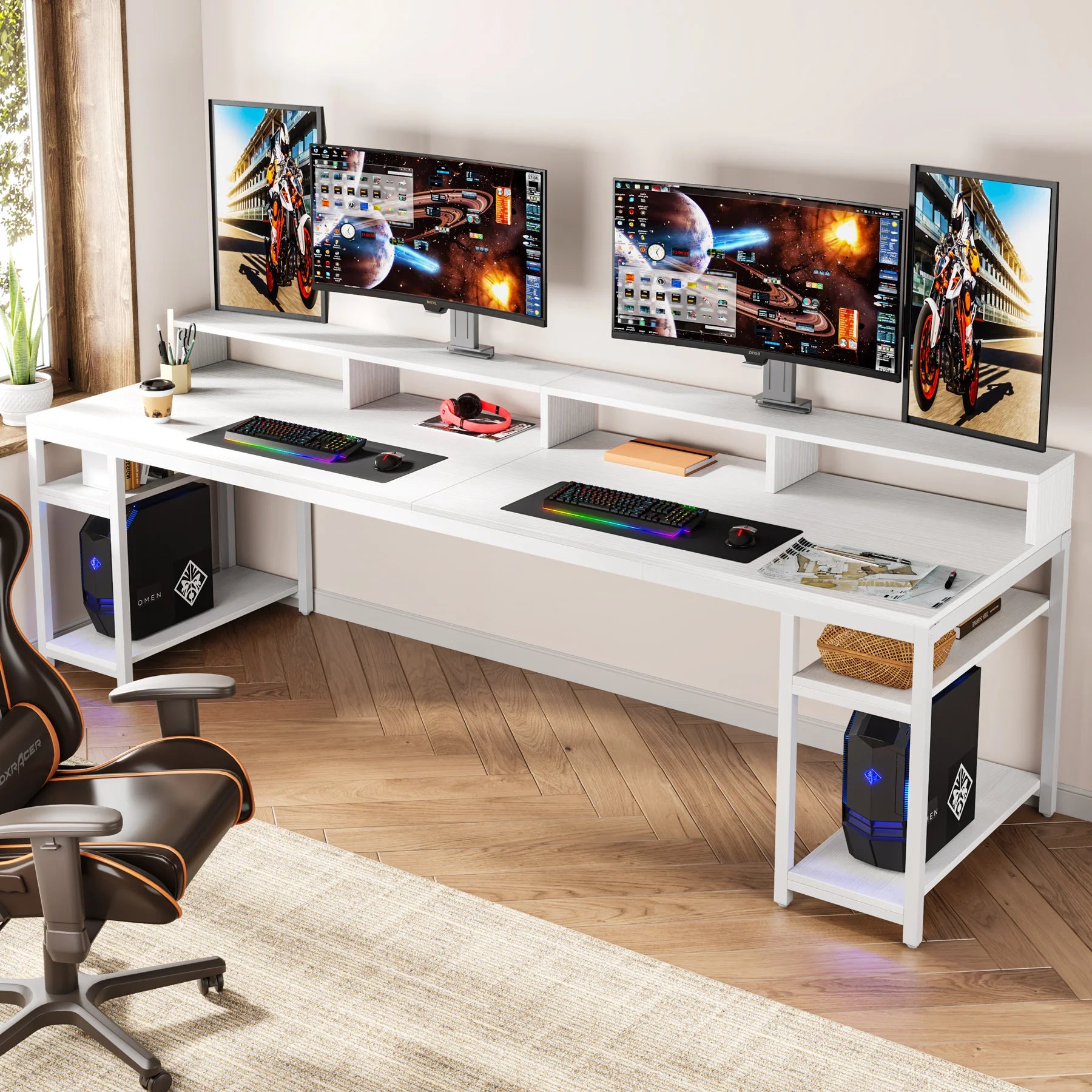 Tribesigns 78.74 Inches Extra Long Two-Person Desk Double Computer Desk with Monitor Stand and Storage Shelves Work