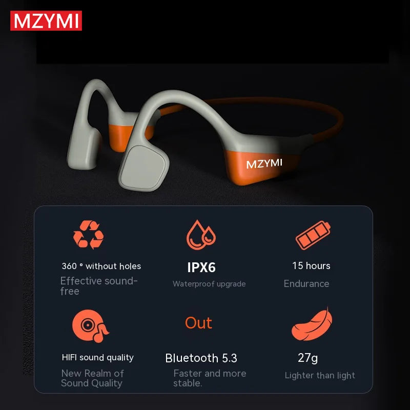 MZYMI Bone Conduction Sport Headphones I18PRO Neckband Bluetooth 5.3 Earphones Hifi Sound Running Wireless Headset TWS