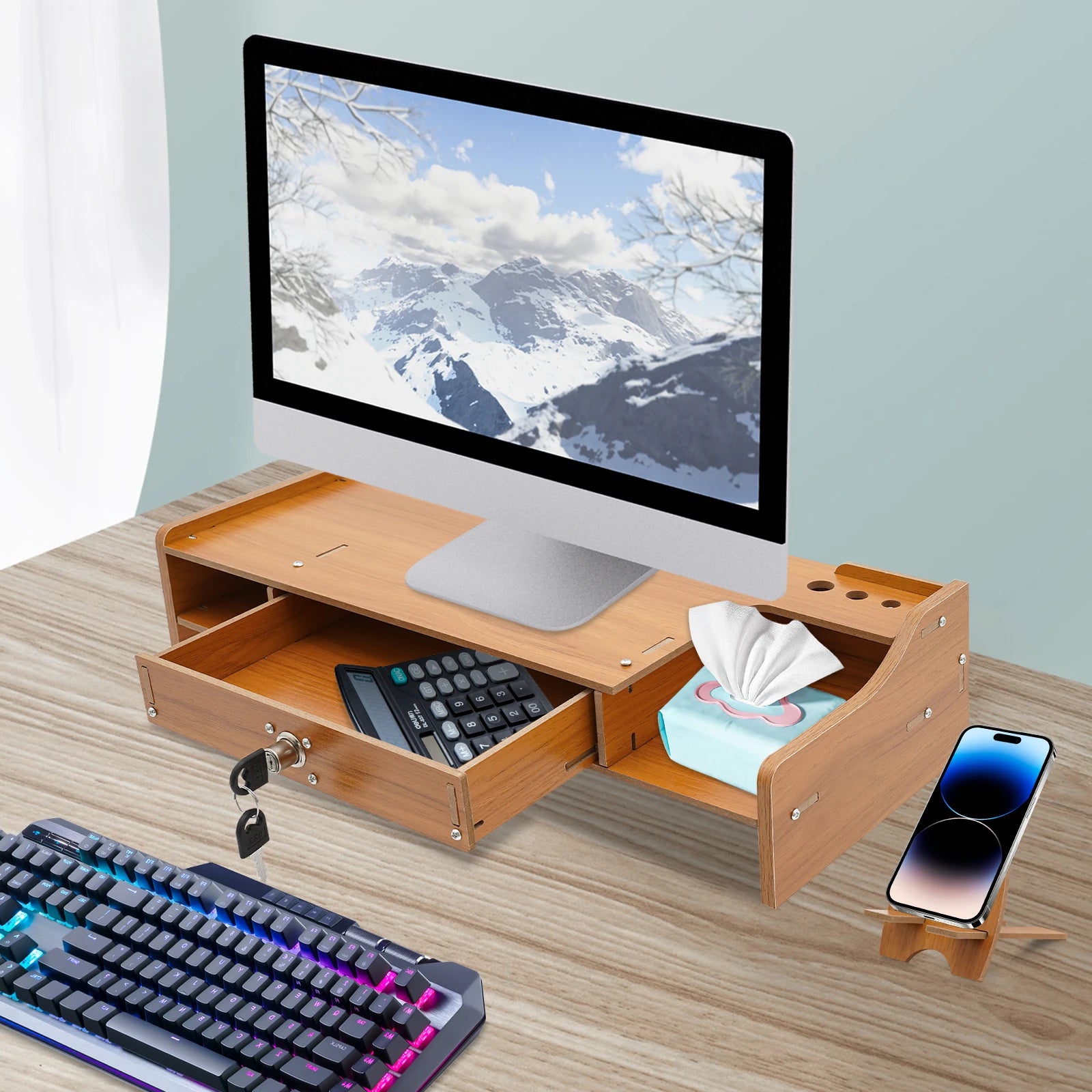 Wooden Monitor Riser Rack W Drawer Computer Laptop PC Stand Desk Organizer Desk Riser with 2 Compartments and Lockable