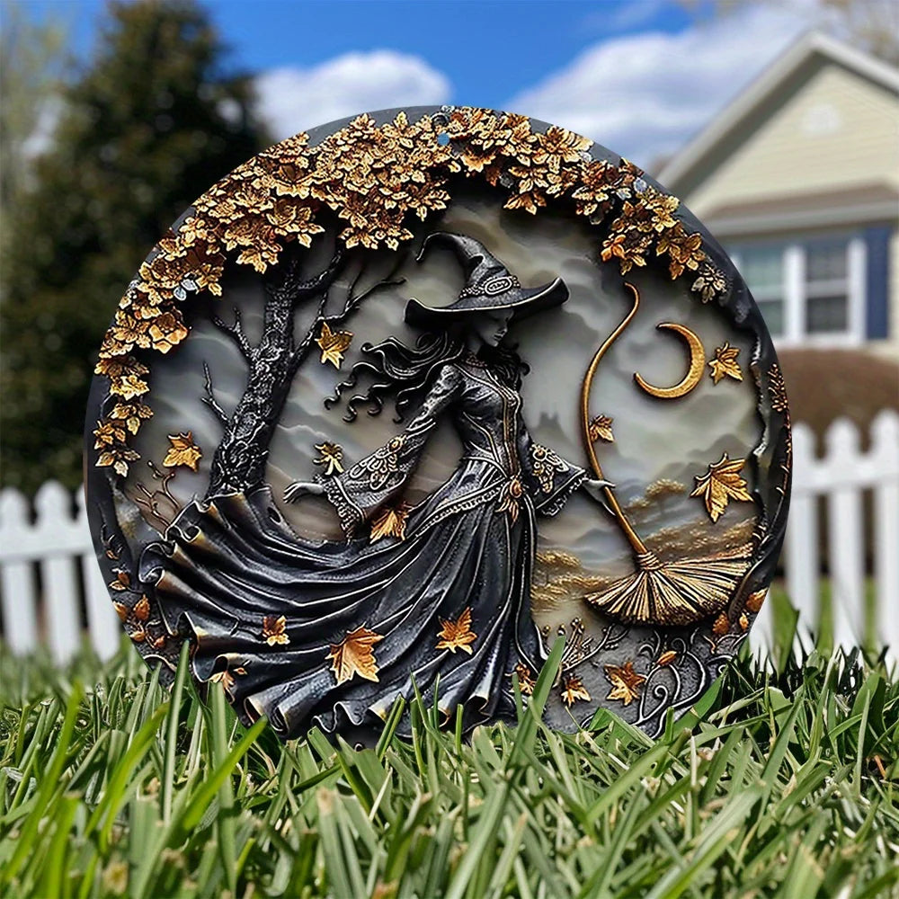 Vintage Witch-Themed Art Decor for Home,Office Garden,and Cafe Weather-Resistant Wall Art Halloween Wreath Sign