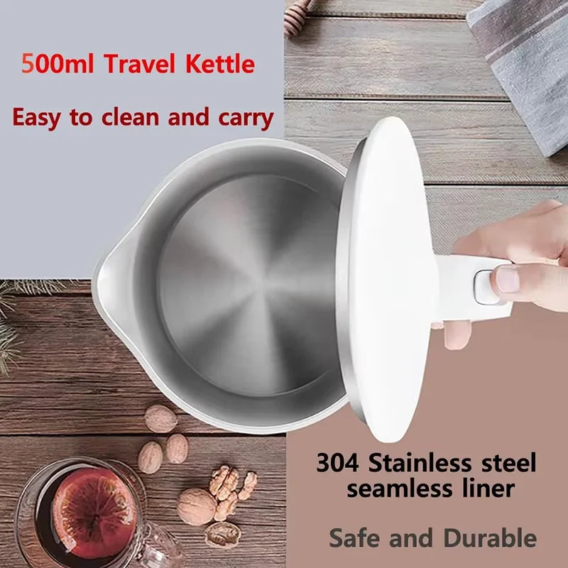 500ML Travel Electric Kettle Stainless Steel Portable Water Boiler for Tea Coffee Hotel Family Camping Kitchen Smart