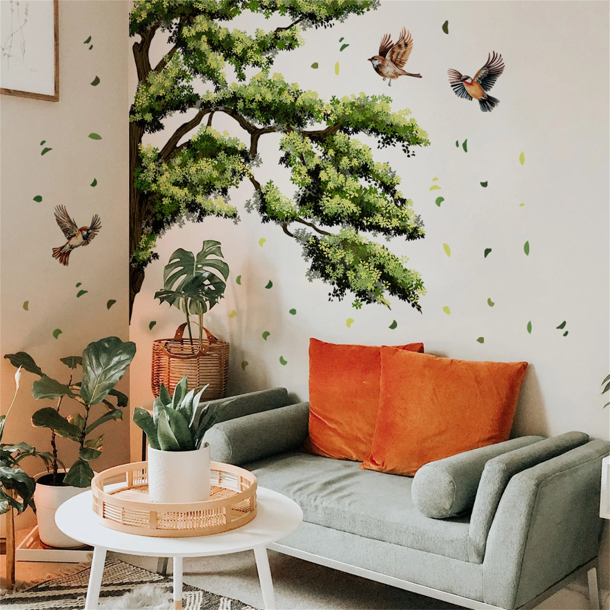 Green Leaves and Birds Wall Decals 3 Piece Set Nature Inspired Wall Sticker for Home Decor Living Room Office