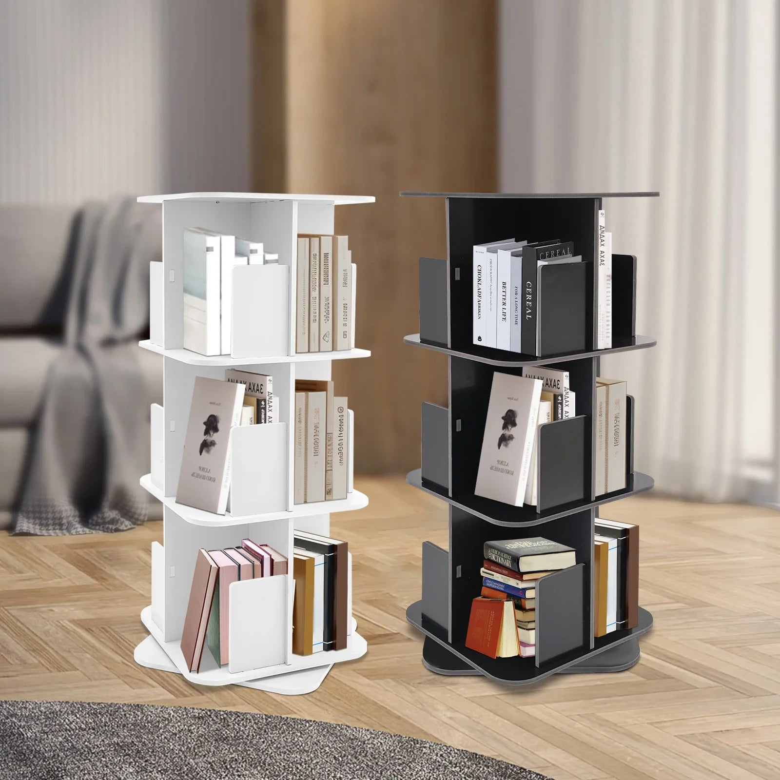 3-Tier Rotatable Desktop Bookshelf Space-Saving Modern Design Stainless Steel Chassis Large Storage Capacity for Home