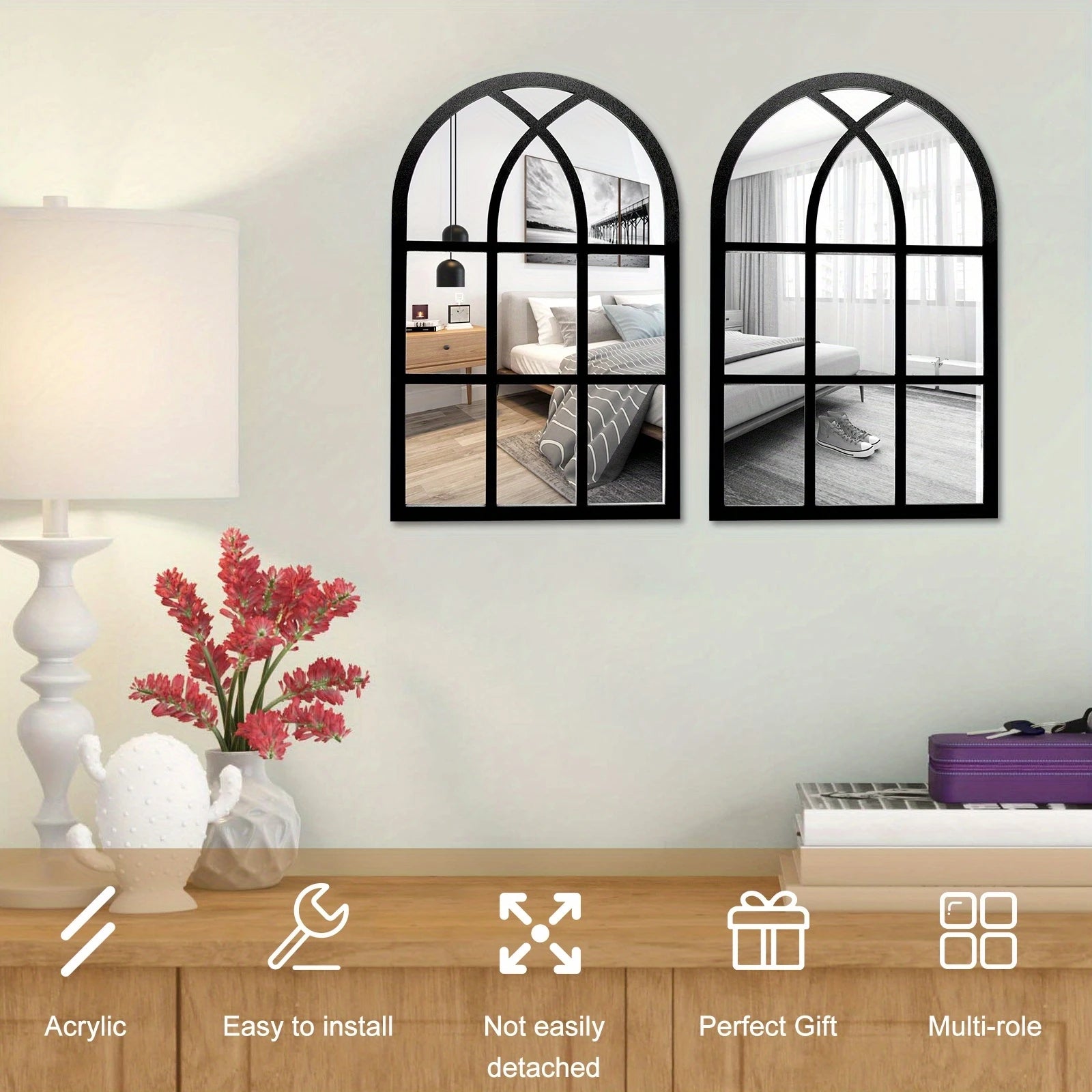 2pcs16in Retro Arched Wooden Frame Acrylic Double-Deck Wall Mirror Art Decor Home Living Room Bedroom Office Decor