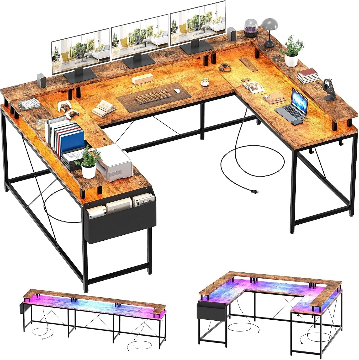 U/L Shaped Desk Reversible Computer Gaming Desk with Power Outlet & LED Light Large Corner Table with Monitor Stand &