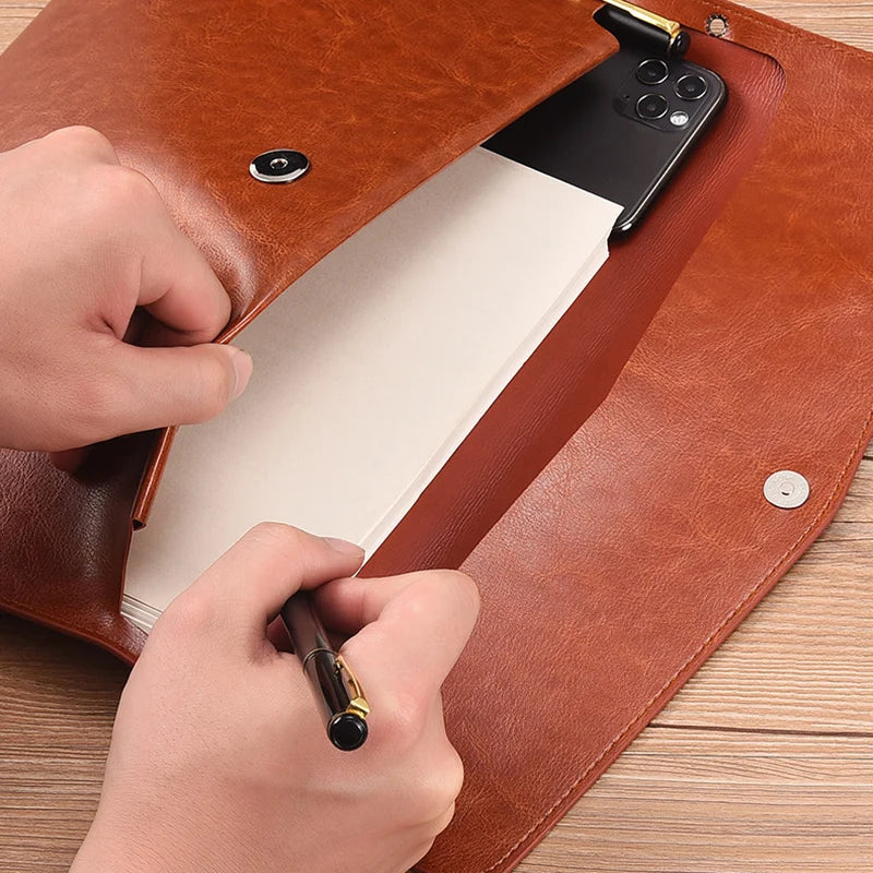 A5 Leather Document Storage Bag Folder Data Packet Man Woman PU Brown Business Bill File Bag School Office Supplies