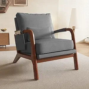 Mid Century Modern Accent Chair with Pillow & Pocket Upholstered Armchair with Solid Wood Frame & Soft Cushion