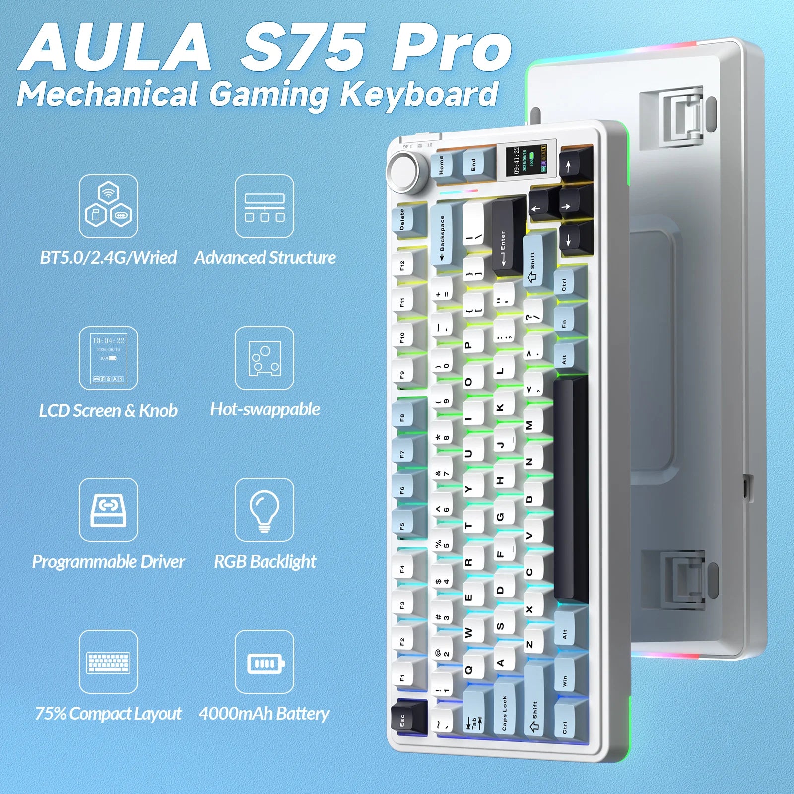 AULA S75pro Wireless Keyboard Tri-mode RGB Gaming Keyboard Hot Swap PBT Keycaps with Macro Software - Blue White