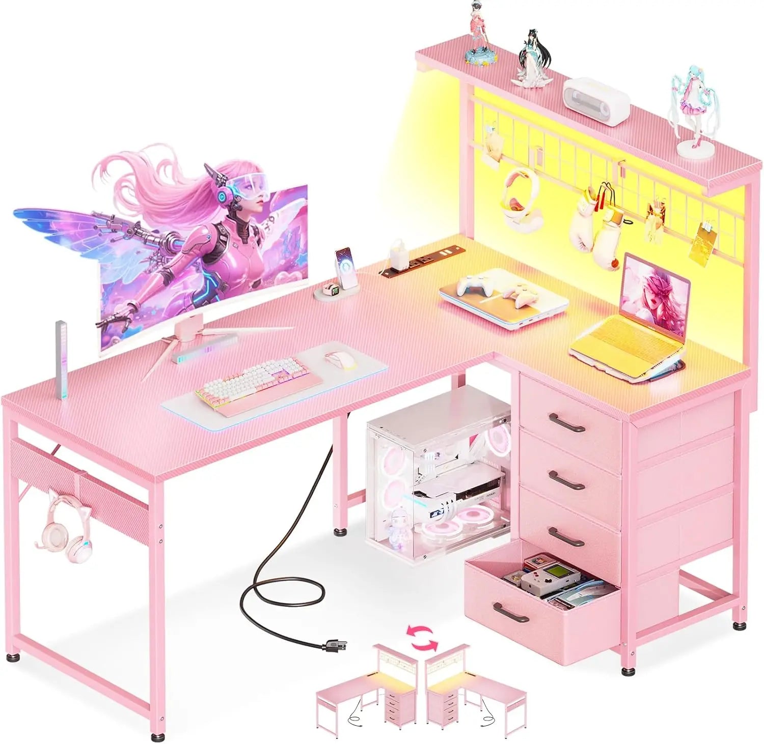 l-shaped-gaming-desk-43-reversible-computer-table-drawers-led-light-power-outlet-shelves-hooks-carbon-fiber-pink
