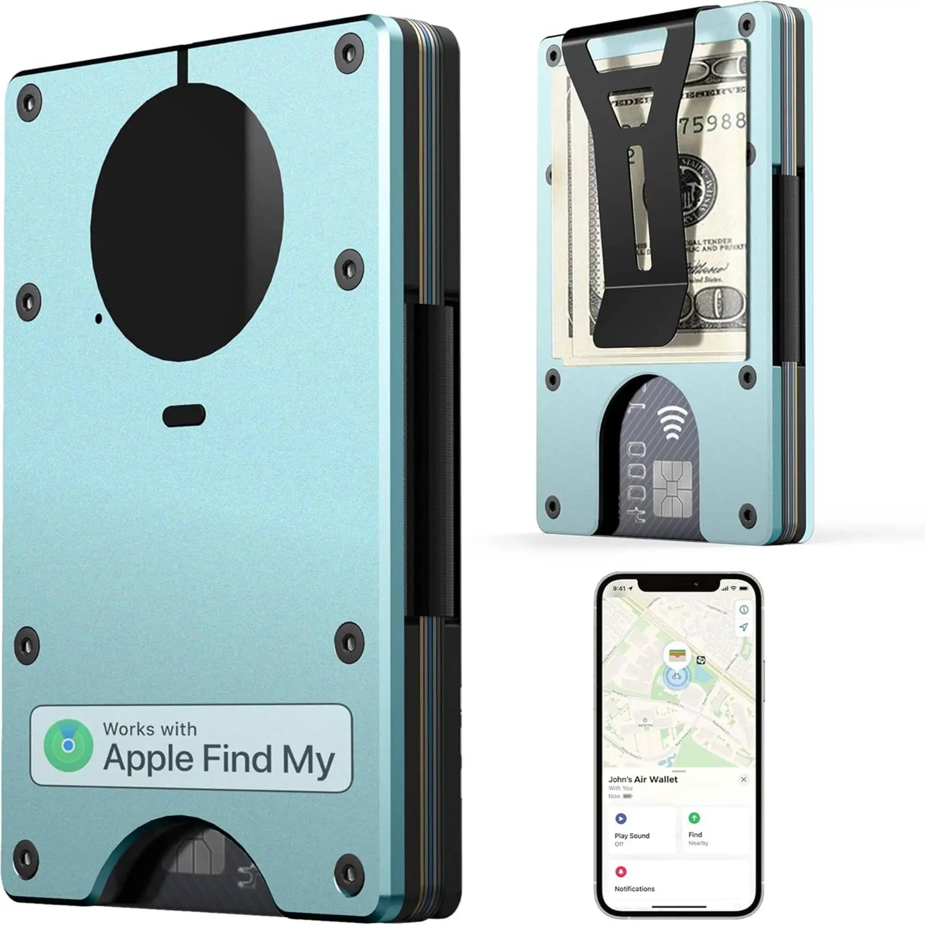 Wallet with Built in Airtag Chip RFID Blocking Credit Card Holder Compatible with Find My iOS Only Detachable Money