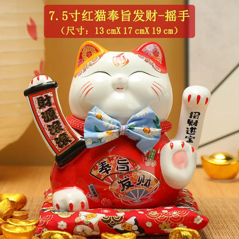 7.5inch Ceramic Beckoning Cat Maneki Neko Ornament Feng Shui Decoration Swing Lucky Cat Cashier Recruitment Cat Desk