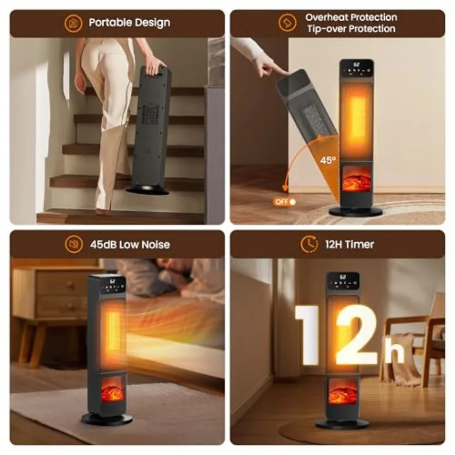 1500W PTC Electric Fireplace Heater with 3D Flame Effect and Adjustable Fan Combo for Indoor Home and Office