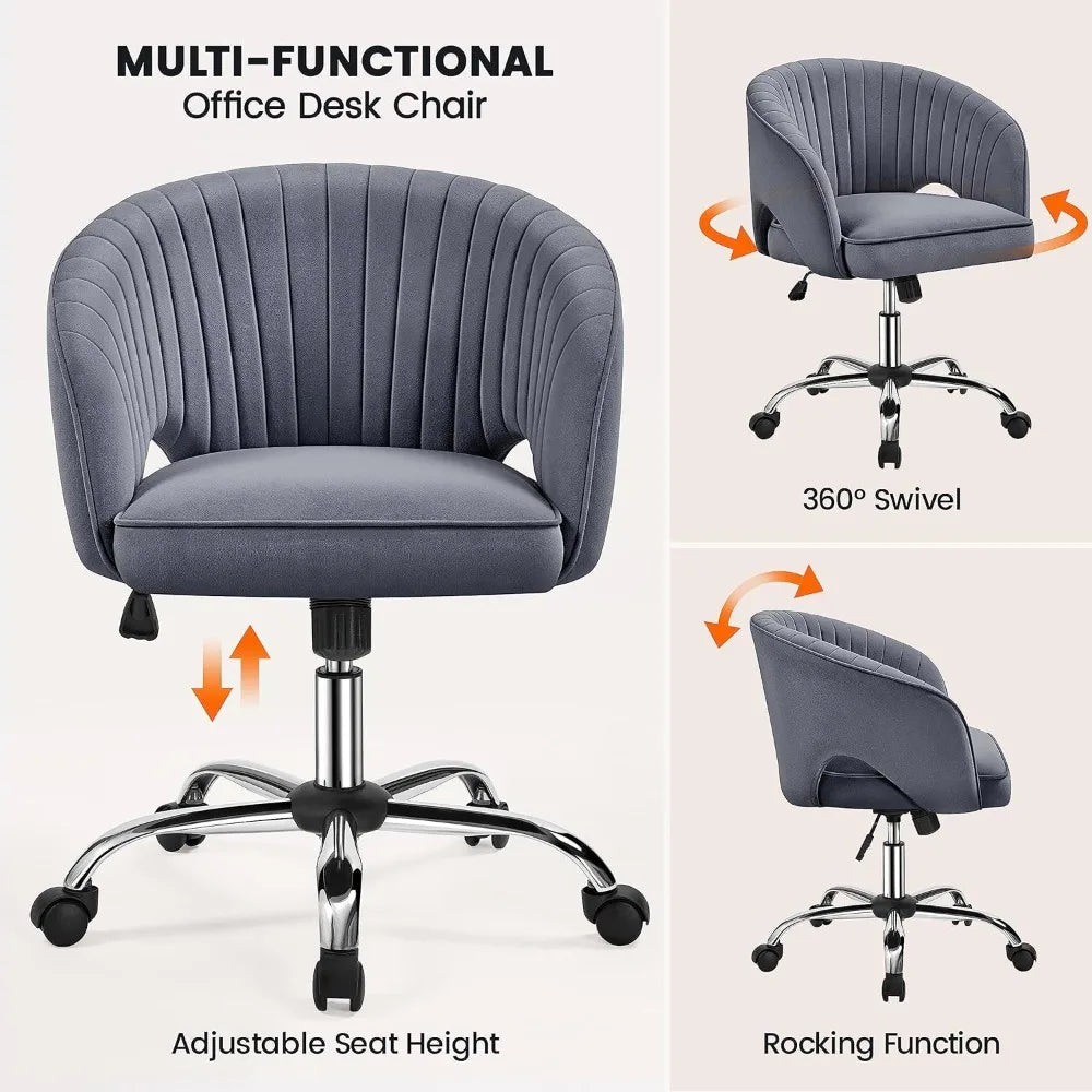 Home Office Chair Velvet Desk Chair Upholstered Modern Swivel Chair with Tufted Barrel Back Rolling Wheels for Office