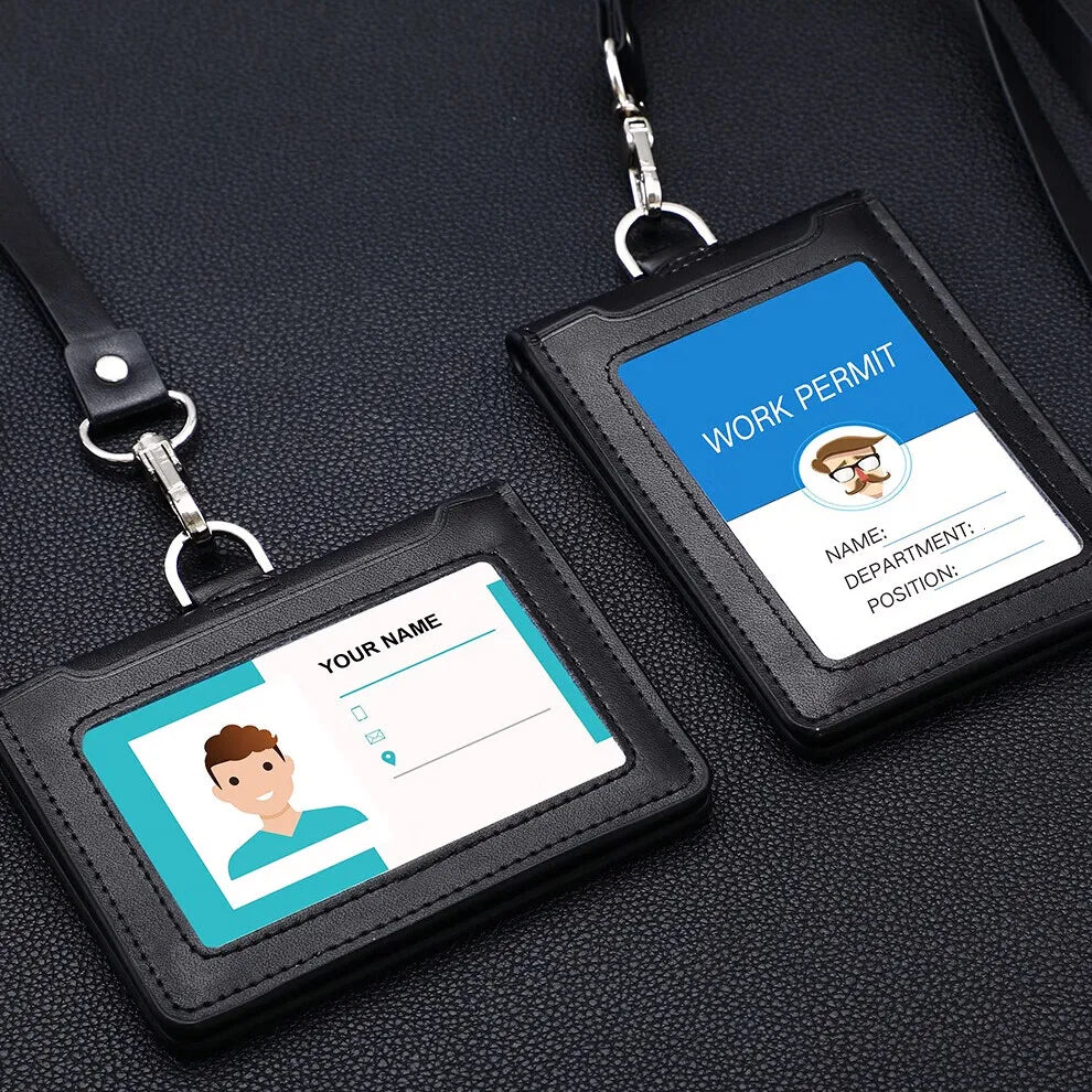 Professional Durable ID Card Holder Business Real Leather Office Staff Badge Cases with Lanyard Aviation Style