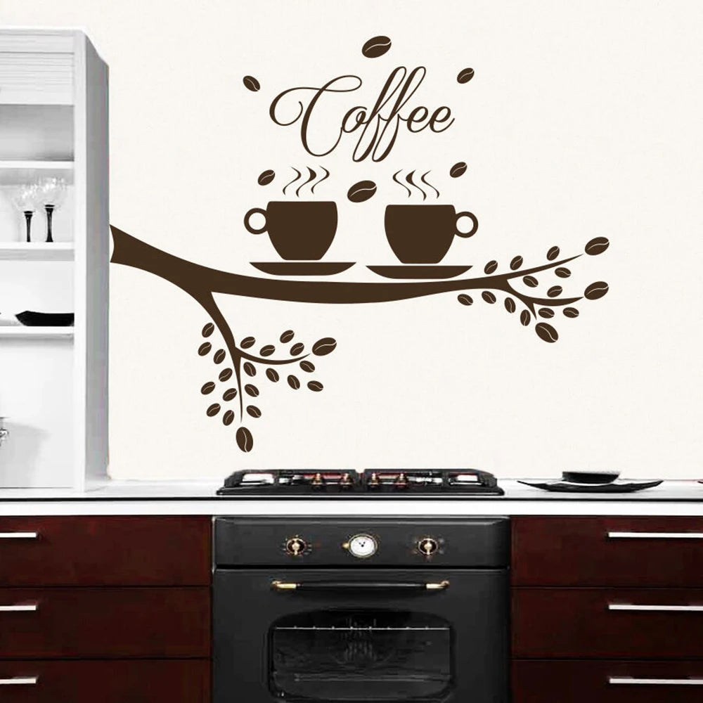 Large Coffee Tree Mug Wall Sticker Kitchen Office Cafe Time Cup Wall Decal Bar Vinyl Home Decor