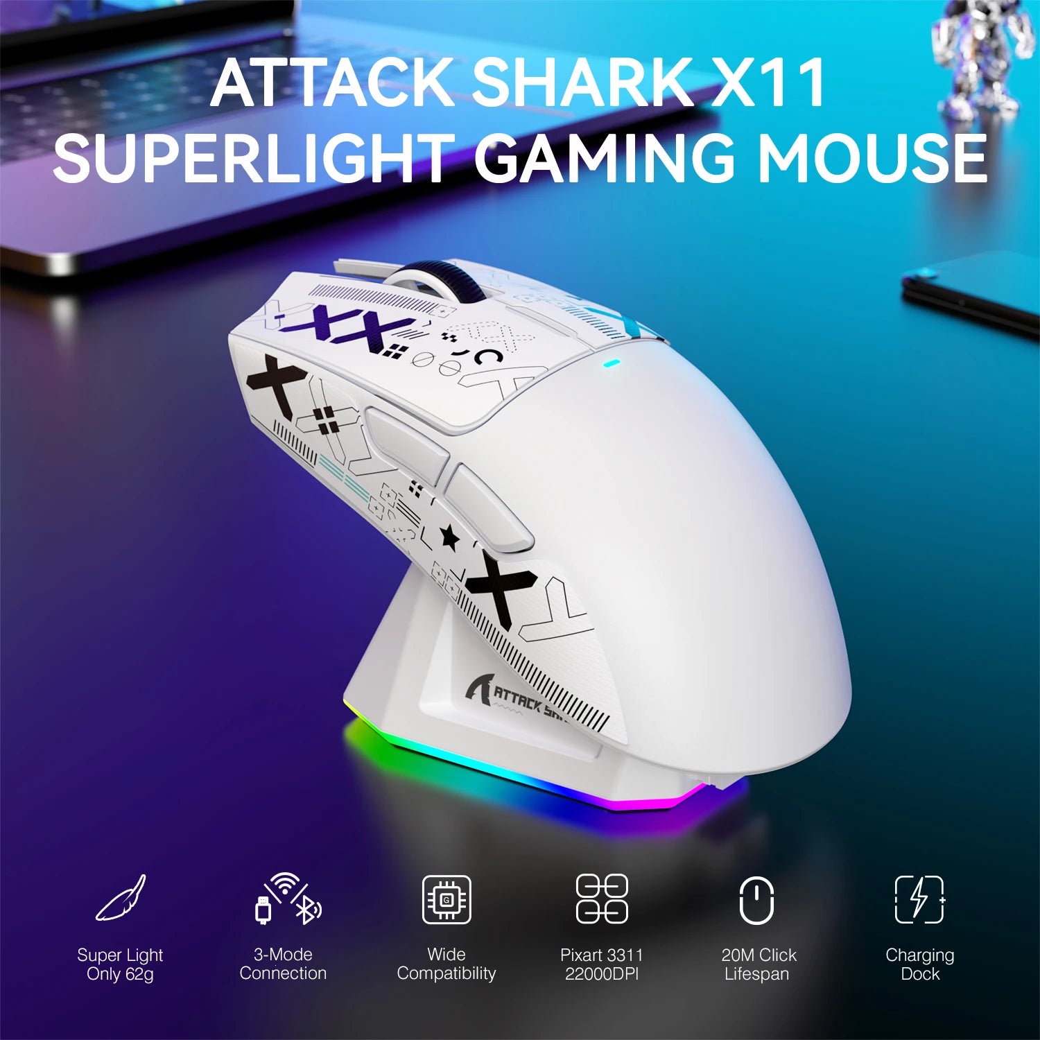 ATTACK SHARK X11 Lightweight Wireless Gaming Mouse with RGB Charging Dock Tri-Mode-2.4G/USB-C Wired/BT