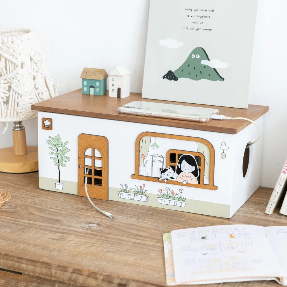 Wooden Desktop Cord Storage Box Desktop Organization Storage Socket Guard Plug Data Cable Charger Storage Home Room