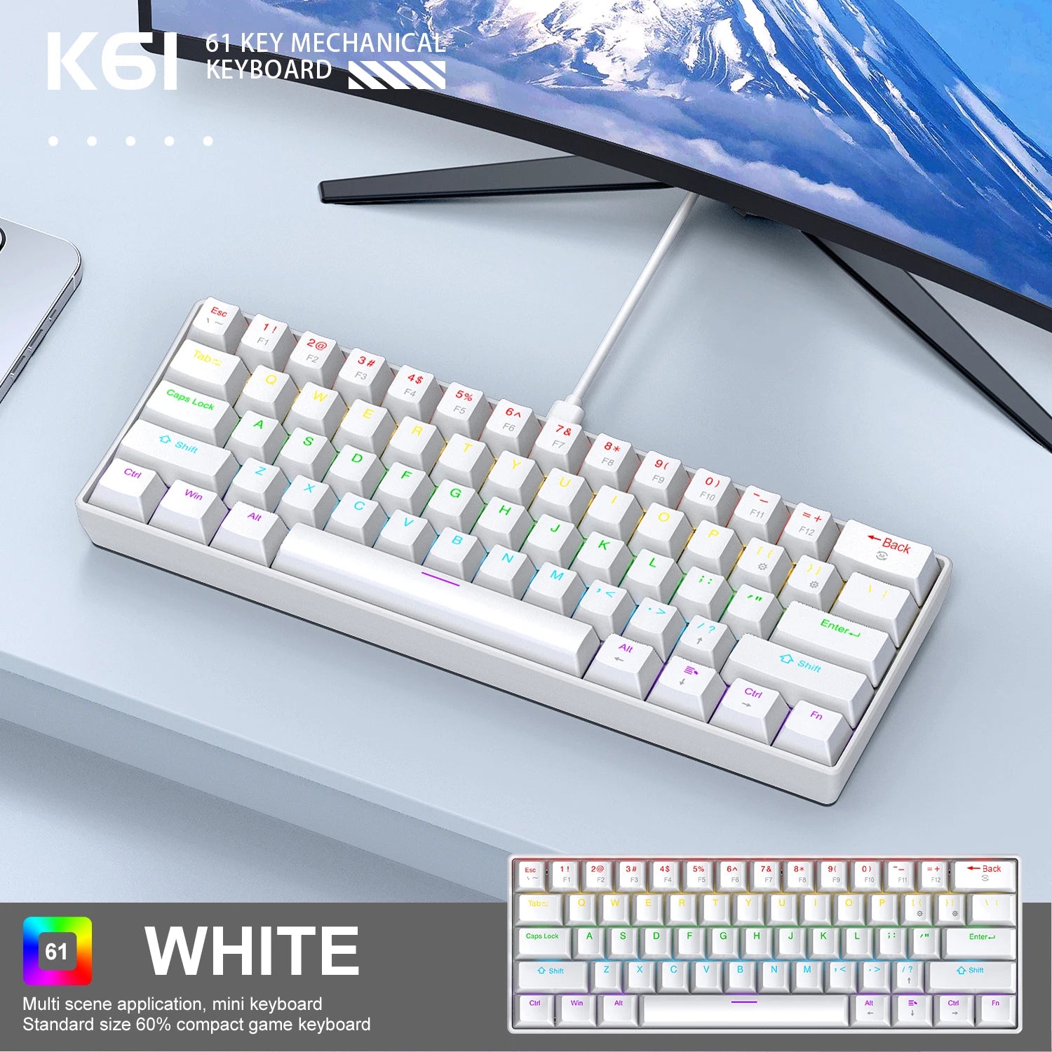 60% Mechanical Gaming Keyboard APAYADO K61 Wired 61 Keys RGB Backlit Red/Blue Switch Mini Black/White/Red for PC Laptop