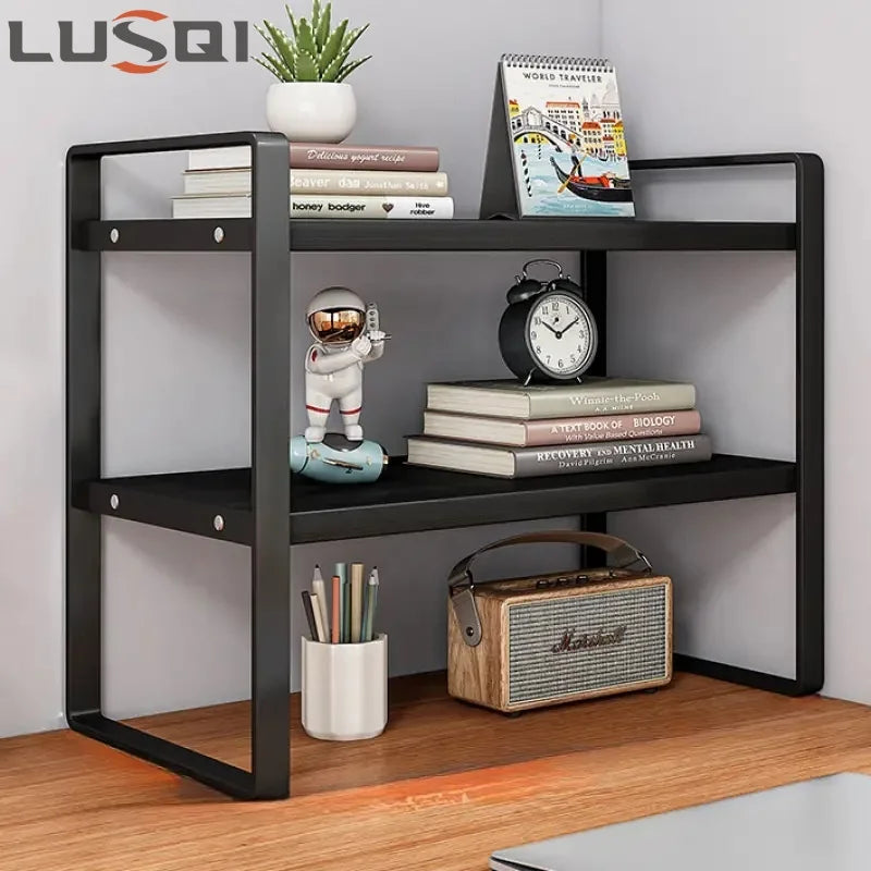 LUSQI 2 tier Shelf Desktop Storage Bookshelf Student Desk Shelves Racks Office Computer Desk Tiered Cabinet Home