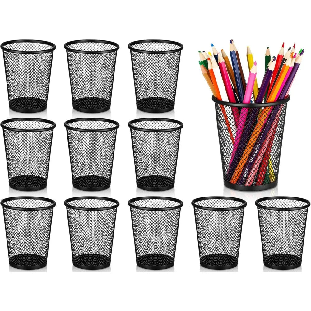 12 pcs pen holder mesh pen cup bulk metal pencil cup holder for desk black organizer round office classroom for back
