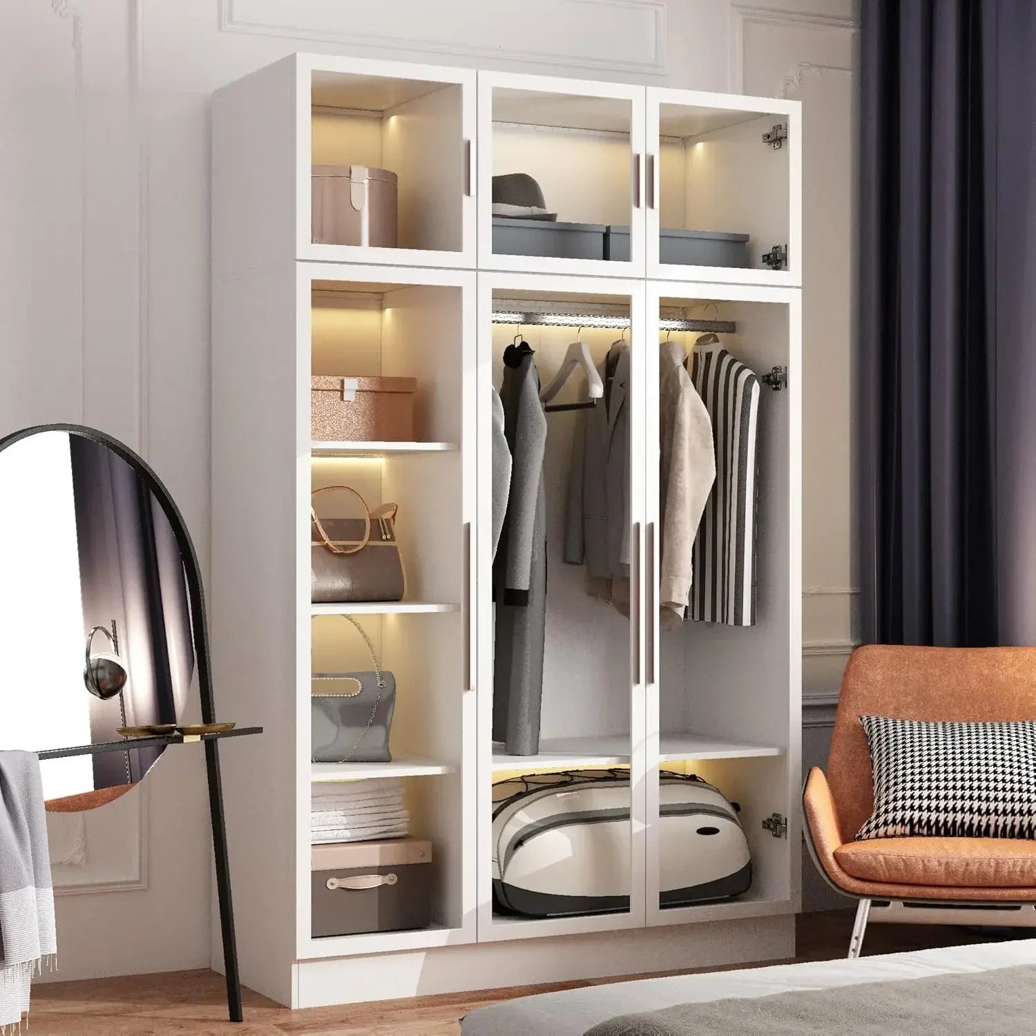 Bookcase Bookshelf with LED Lights 5-Tier Shelves and 6 Glass Doors 47.2’’ L Wooden Display Storage Cabinet