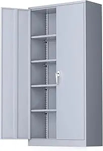 Metal Storage Cabinet with Doors and Adjustable Shelves,72’’Locking Tool Steel Garage Cabinet,Utility Metal Filing