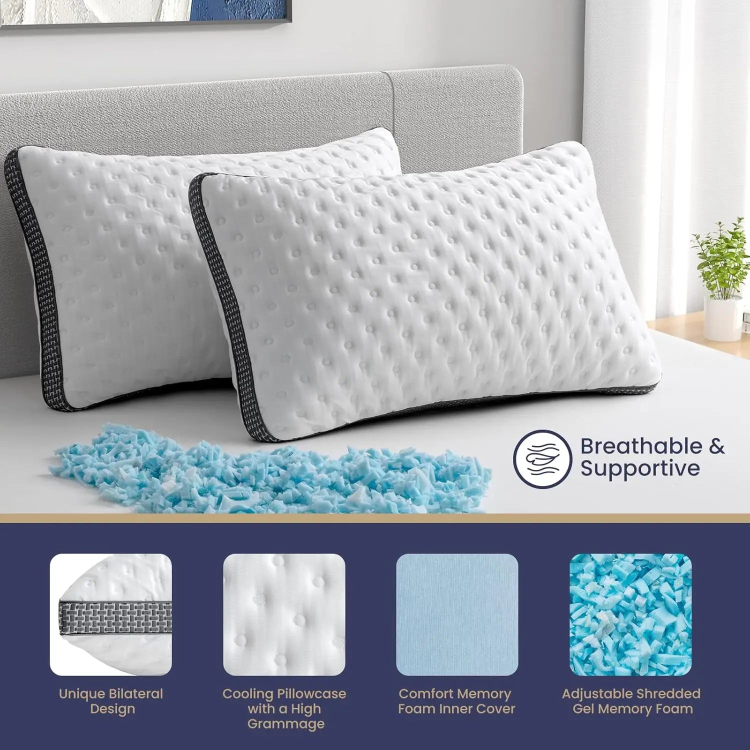 BedStory Cooling Pillow 1 Pack Q/K Cooling Gel Memory Foam Bed Pillow Medium Firm Pillow for Sleeping CertiPUR-US